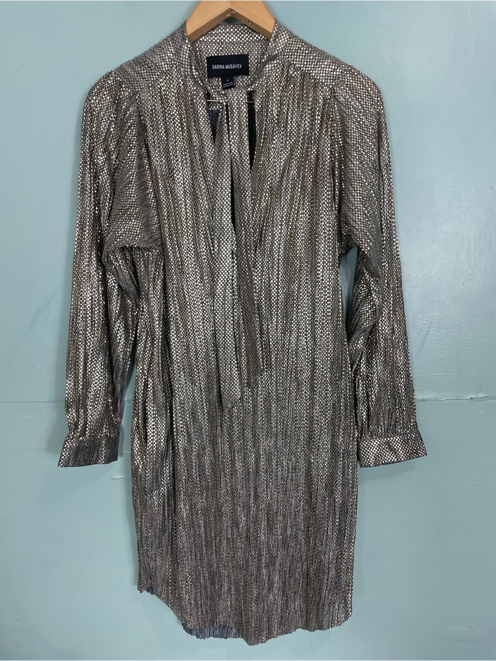 Sabina Musayev Tied Shimmer Gold Tunic Dress With Pockets Pleated Women Medium - Picture 2 of 9
